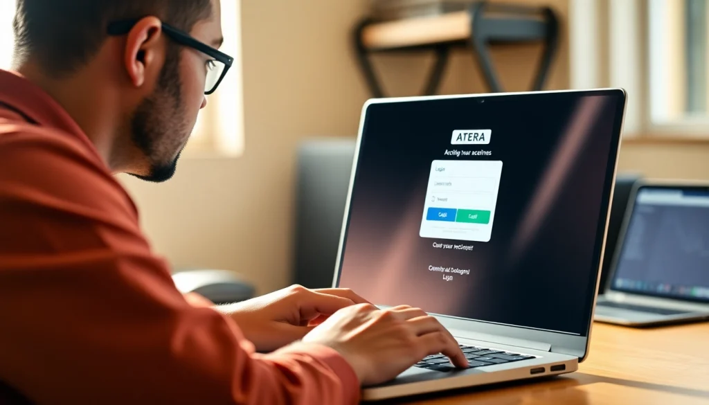 Atera login process with a technician securely accessing the dashboard on a laptop.