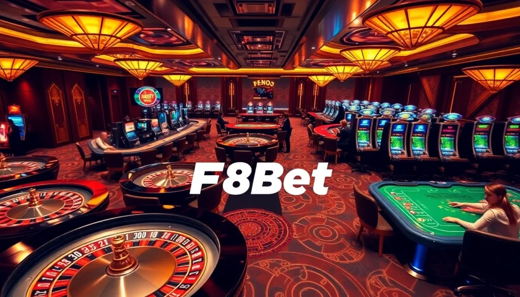 Experience the thrill of Nhà cái F8BET with players enjoying vibrant casino games and excitement.
