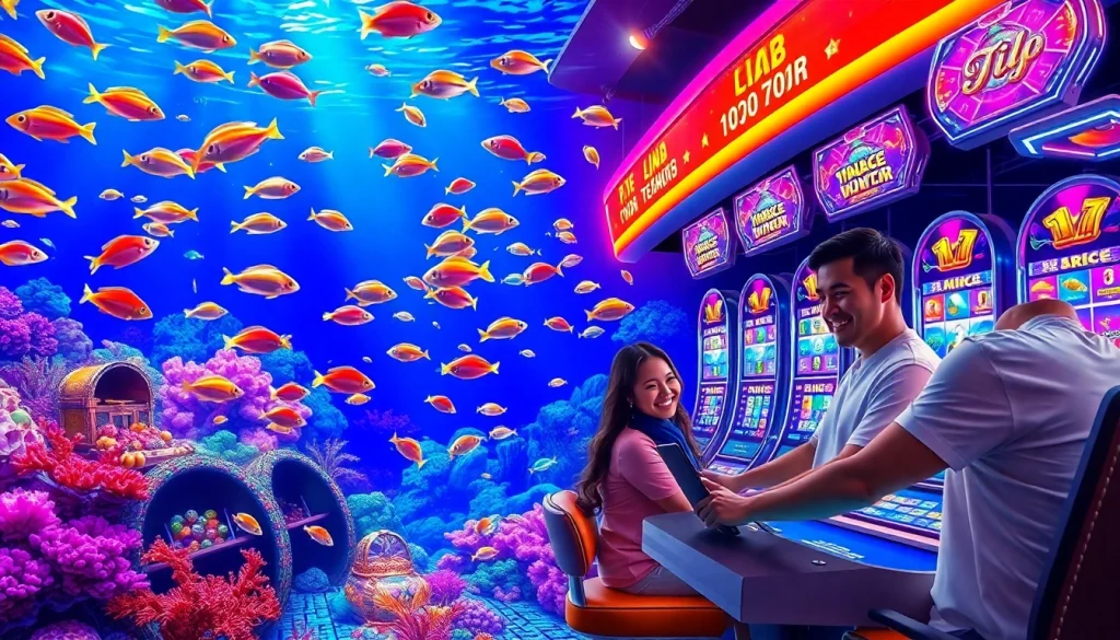 bắn cá đổi thưởng gaming scene featuring vibrant fish, engaged players, and casino excitement.