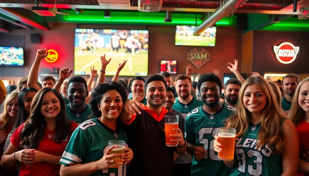 Engaged fans enjoying sports betting Oklahoma in a lively sports bar atmosphere.