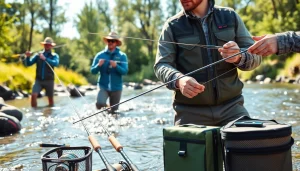 Models showcasing high-performance fly fishing apparel in a serene outdoor setting.