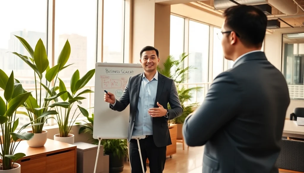 Engaging session with a business coach Los Angeles in a bright office environment focused on collaboration.