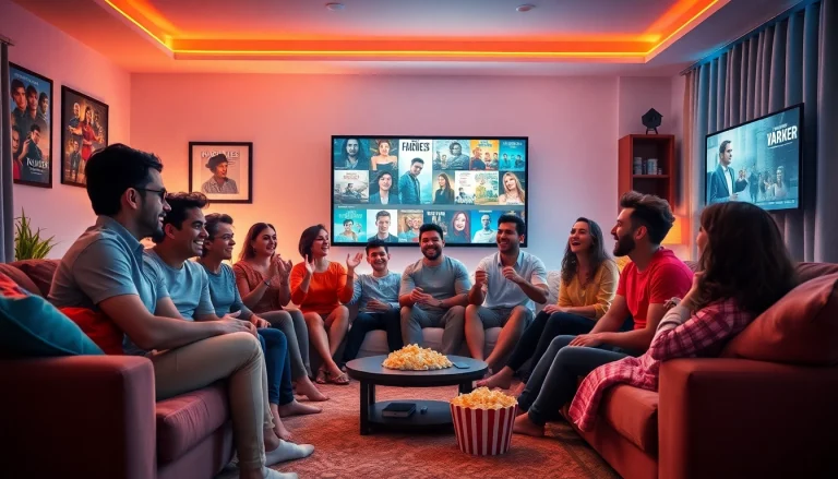 Friends enjoying filme online subtitrate in a cozy living room with a colorful ambiance.