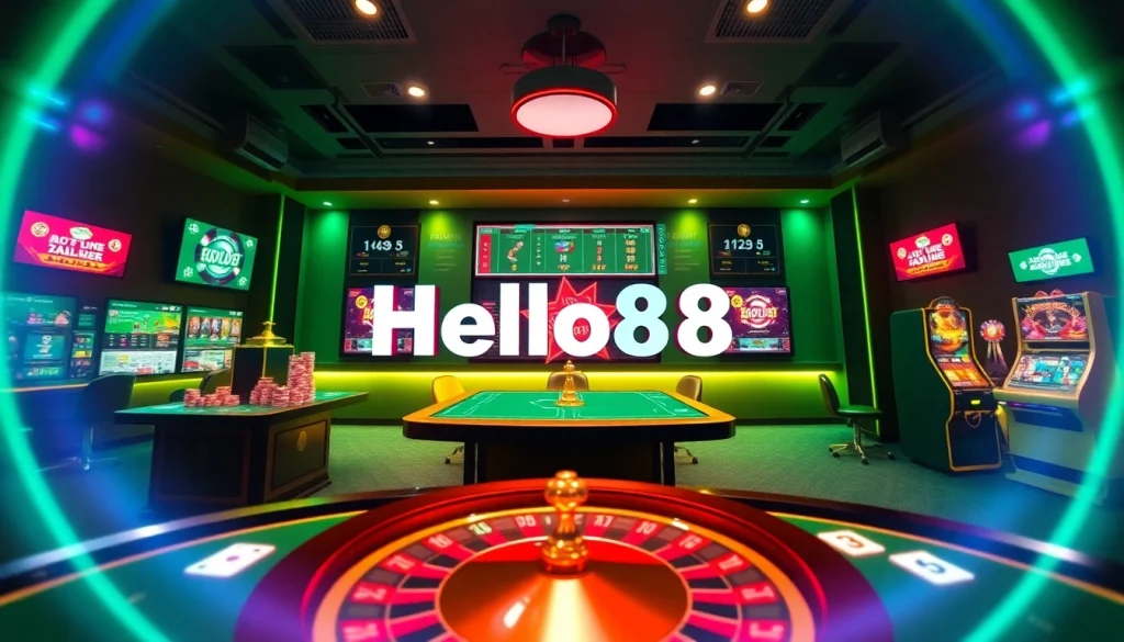 Hello88 online gambling promotional poster showcasing an inviting gaming atmosphere.