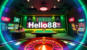 Hello88 online gambling promotional poster showcasing an inviting gaming atmosphere.