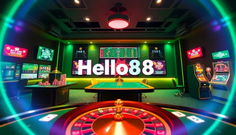 Hello88 online gambling promotional poster showcasing an inviting gaming atmosphere.