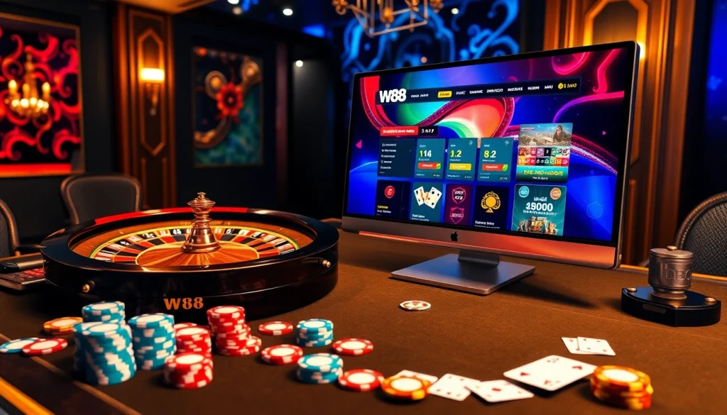 Trải nghiệm sự phấn khích của W88 trực tuyến với cảnh casino sang trọng có roulette và chip bài poker.