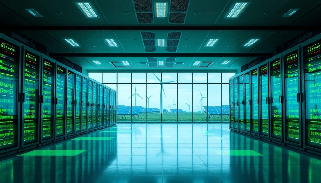 Free crypto mining at a modern renewable energy-powered cloud mining facility, showcasing advanced technology and sustainability.