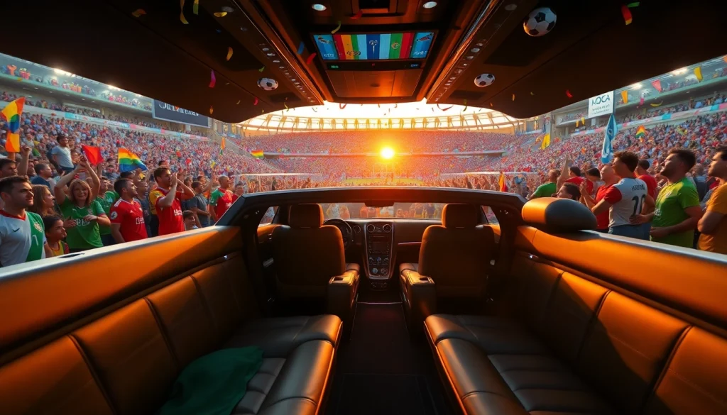 World Cup Group Transportation in a luxury limousine outside a vibrant stadium filled with fans.