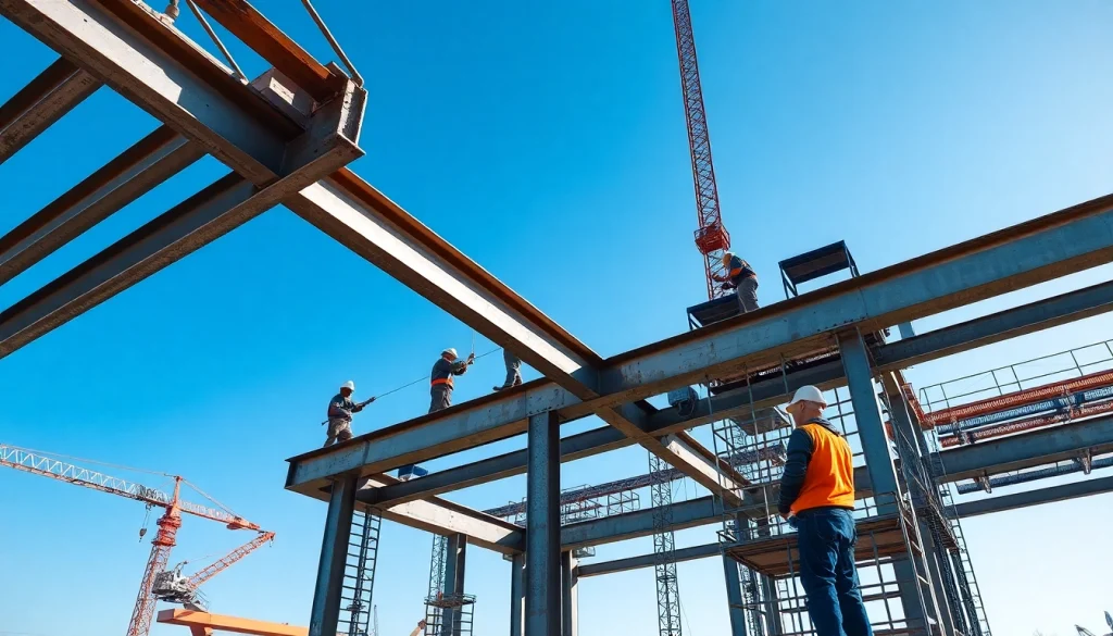 Workers performing structural steel installation, highlighting teamwork and precision at a construction site.
