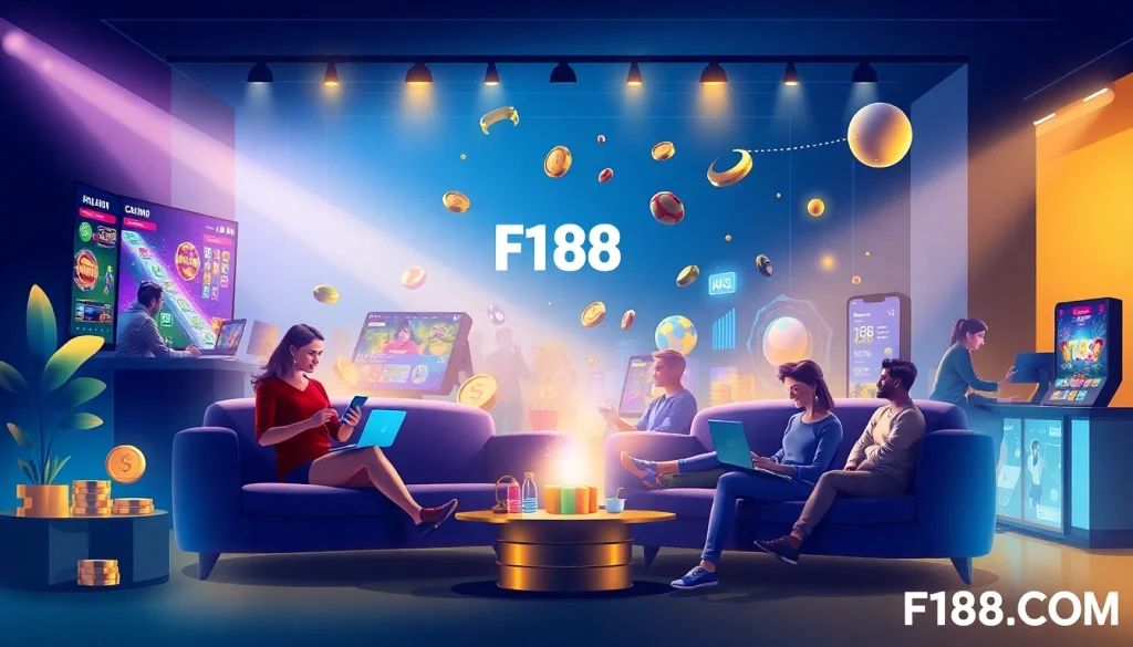 Vibrant digital representation of F168.COM's diverse online gambling experience, showcasing sports betting, casino games, and friendly customer support.