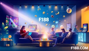 Vibrant digital representation of F168.COM's diverse online gambling experience, showcasing sports betting, casino games, and friendly customer support.