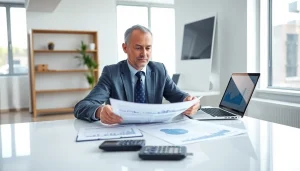 Superfund accountant analyzing financial statements in a modern office.