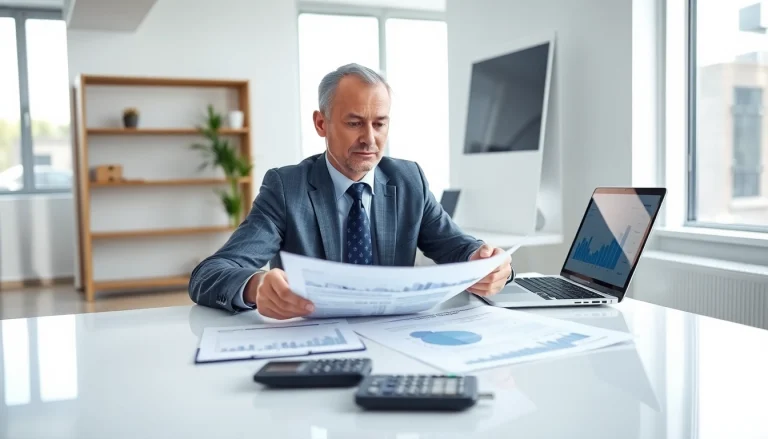 Superfund accountant analyzing financial statements in a modern office.
