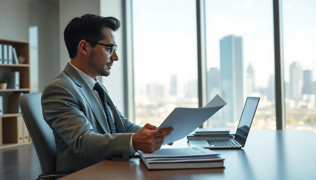 A real estate lawyer focused on reviewing contracts in a modern office setting.