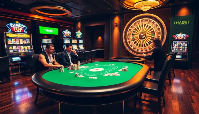 Players enjoy thrilling poker action at THABET's luxurious casino, with vibrant chips and cards in play.