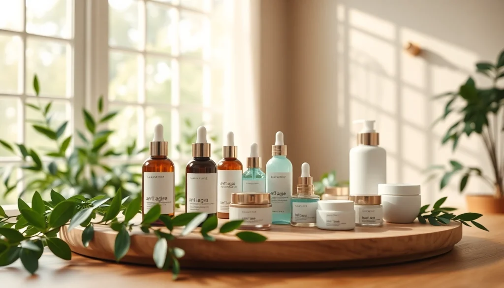 Produkter för anti-age hudvård vackert uppställda i en lugn spa-miljö.