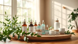 Produkter för anti-age hudvård vackert uppställda i en lugn spa-miljö.