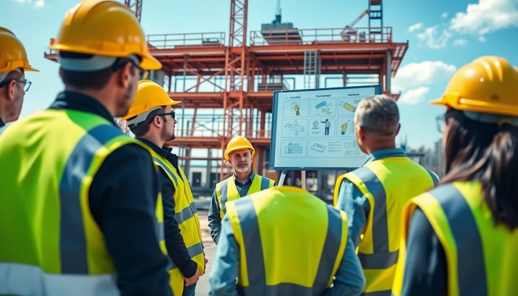 Engaged workers in construction safety training, emphasizing safety procedures and teamwork.