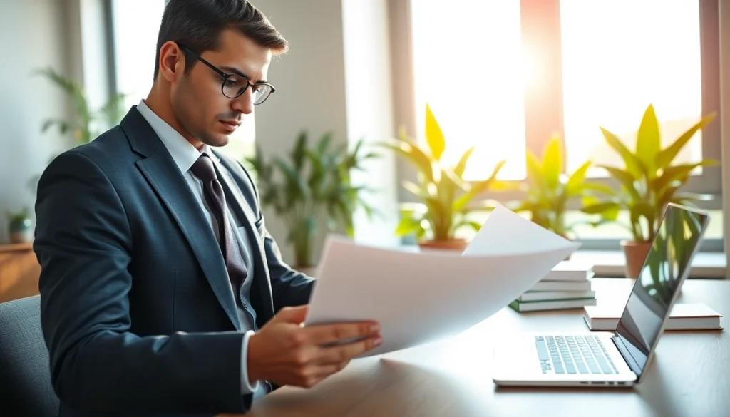 Environmental lawyer analyzing documents in a modern office with a focus on environmental justice.