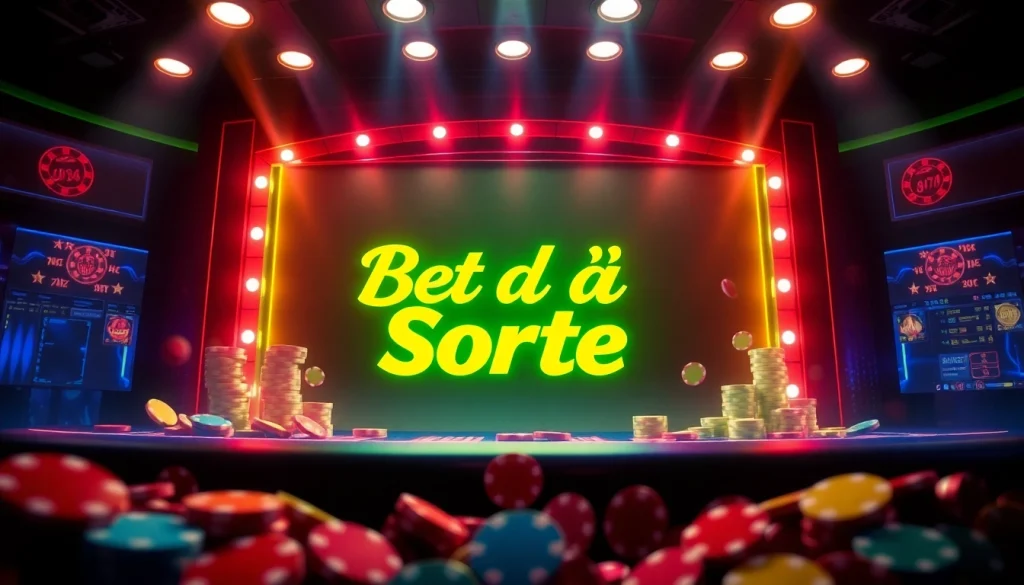 Aposte na Bet dá Sorte com um cassino vibrante e emocionante, exibindo fichas e jogos.