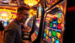 Slot bet 50: Pemain bersemangat di depan mesin slot dengan simbol yang berwarna-warni.