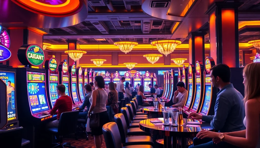 Players enjoying a thrilling moment at lively slot machines in a luxurious casino setting.