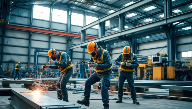 Workers in a steel fabrication shop demonstrating expertise in metalworking techniques.