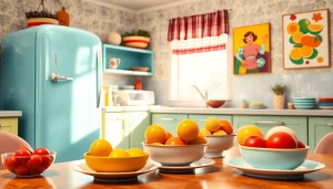 Bright retro appliances featured in a cheerful vintage kitchen setting with pastel blue refrigerator.
