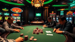 Experience thrilling high-stakes poker at 188bet's modern casino ambiance with vibrant gaming elements.