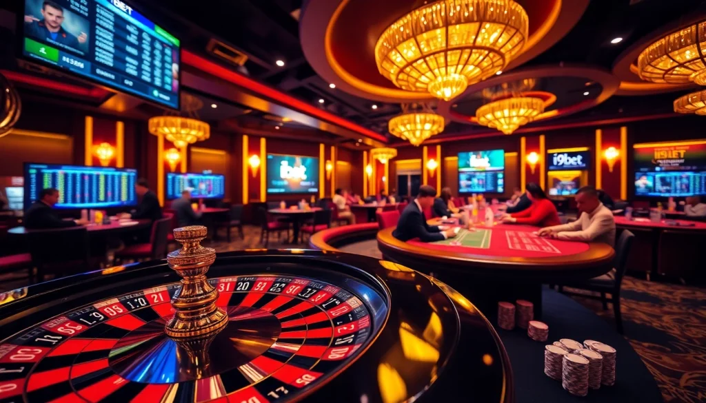 Players enjoying a thrilling game at i9bet casino tables with vibrant decorations.