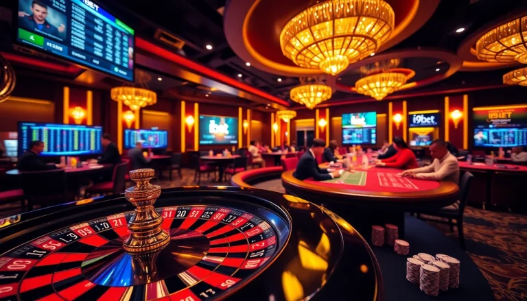 Players enjoying a thrilling game at i9bet casino tables with vibrant decorations.