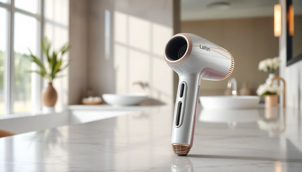 Showcasing laifen swift premium hair dryer with a sleek design and high-end finish on a stylish countertop.