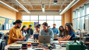 Trade School knoxville Tn students collaborating in a modern classroom.