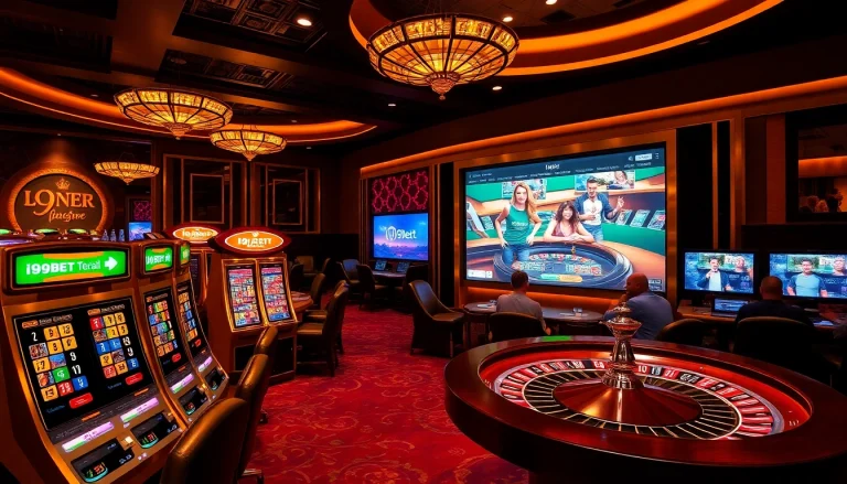Experience the excitement of i9bet with vibrant casino visuals featuring slot machines and poker tables.