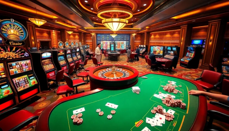 Situs Slot Terpercaya gamers enjoying an exciting casino atmosphere with vibrant slot machines and professional dealers.