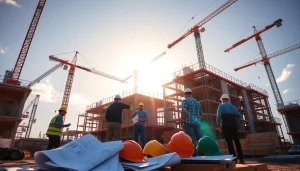 Austin construction site showing workers collaborating on a building project.