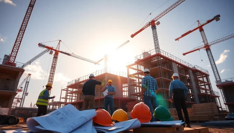 Austin construction site showing workers collaborating on a building project.