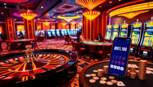 Betting excitement with ib91.in on a casino floor featuring roulette and poker tables.