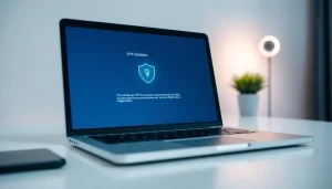 Download free VPN guide displayed on a laptop screen, illustrating installation process.