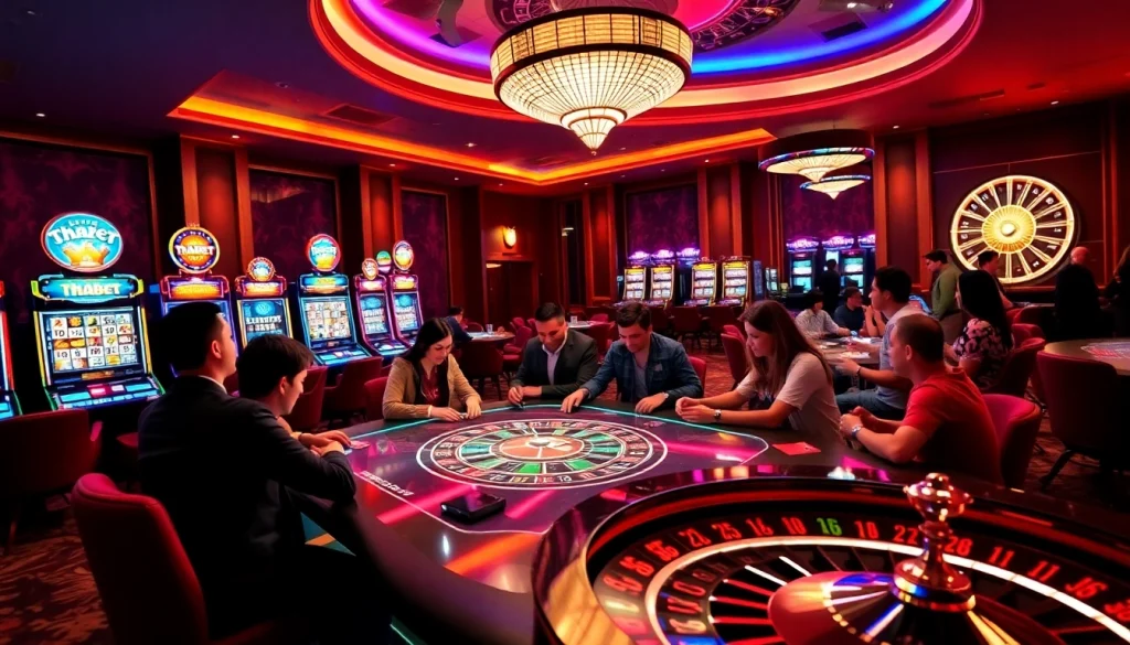 Thabet gaming table bustling with players in a vibrant casino scene