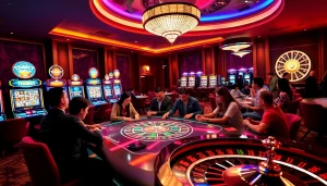 Thabet gaming table bustling with players in a vibrant casino scene