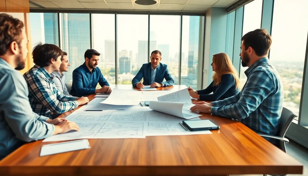 Builders collaborating during a meeting about Texas association of builders with blueprints on the table.