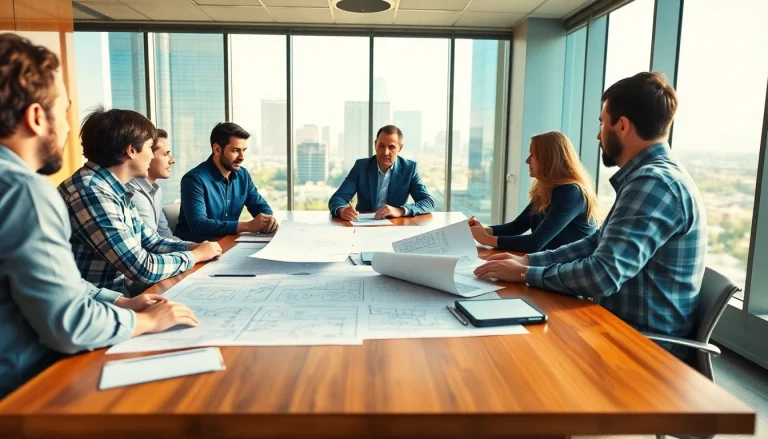 Builders collaborating during a meeting about Texas association of builders with blueprints on the table.