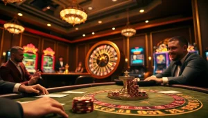 Experience excitement with V9bet at a luxurious casino poker table and roulette wheel.