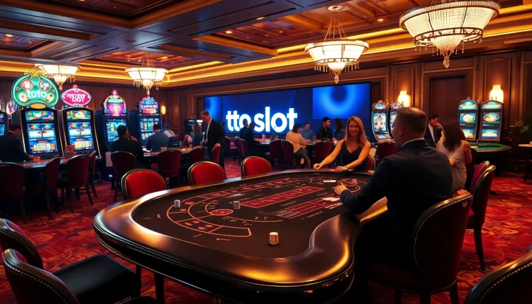 Nikmati permainan Toto Slot yang mendebarkan di kasino kelas atas dengan mesin slot yang berwarna-warni dan pemain yang antusias.