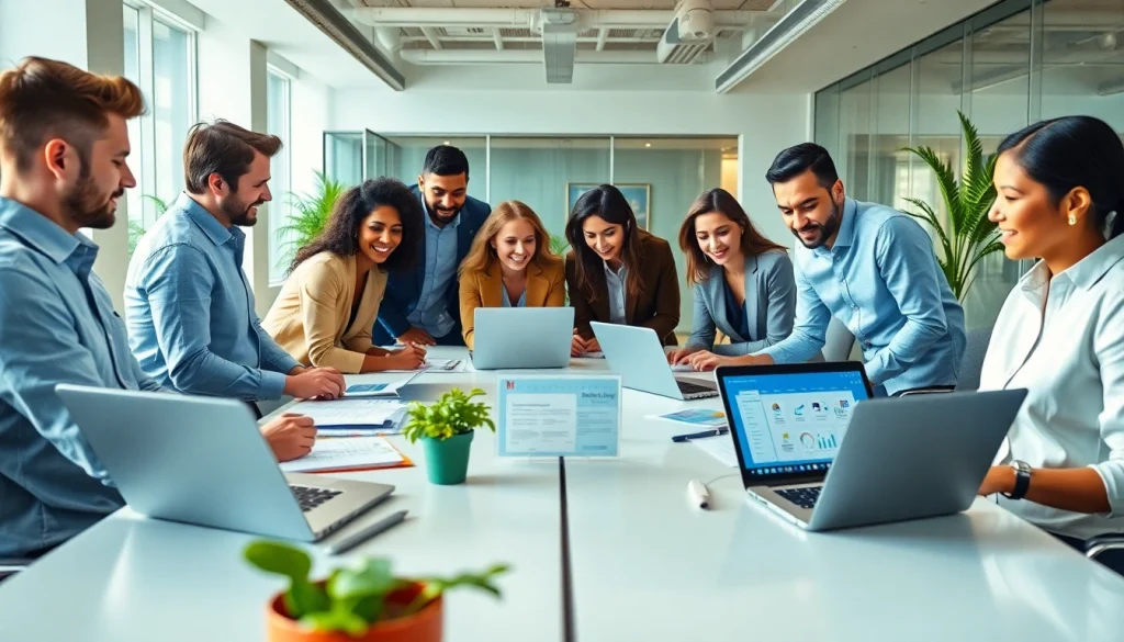 Collaborative workspace featuring WPS下载 software on laptops and documents.
