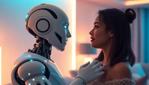 AI sex concept featuring a humanoid robot and human partner engaging in conversation in a modern, ambient living space.