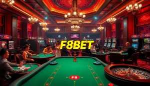 Engaging scene showcasing Nhà cái F8BET with players at casino tables, slot machines, and elegant decor.