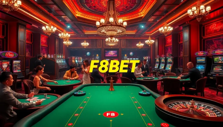 Engaging scene showcasing Nhà cái F8BET with players at casino tables, slot machines, and elegant decor.